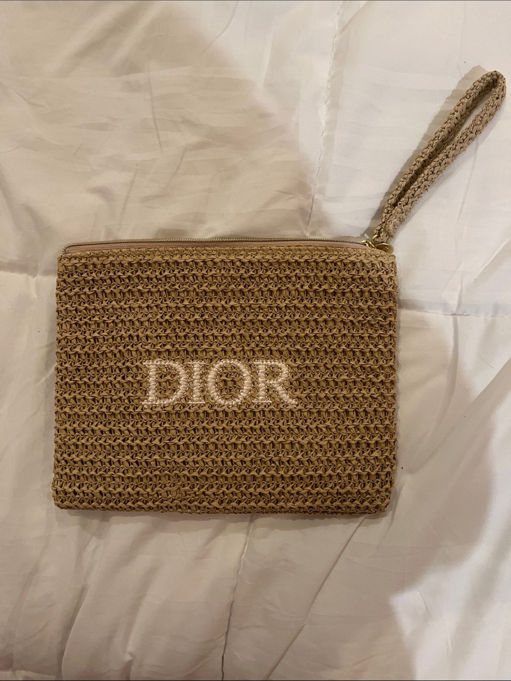 Dior Tan Woven Straw Wristlet Clutch with White Logo